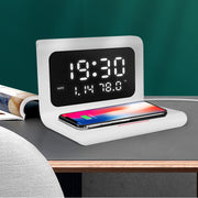 Wireless charging alarm clock with calendar, temp, humidity.