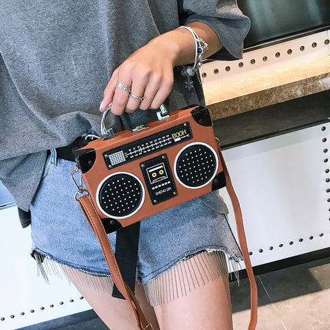 Retro-style radio-shaped women's purse: Hip hop fashion, hard PU leather shoulder bag.